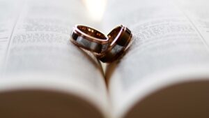 wedding rings on a Bible depicting marriage